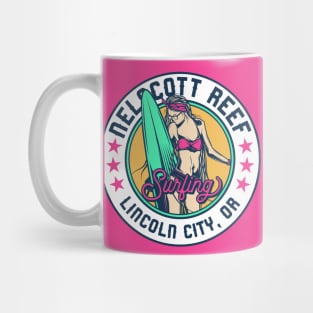 Retro Surfer Babe Badge Nelscott Reef Lincoln City Oregon Mug